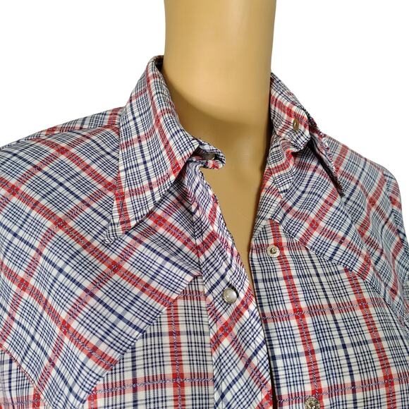 60s Levis Western Cowgirl Button Up Blue Red Shirt Pearl Snap Button Size Small - Picture 5 of 10